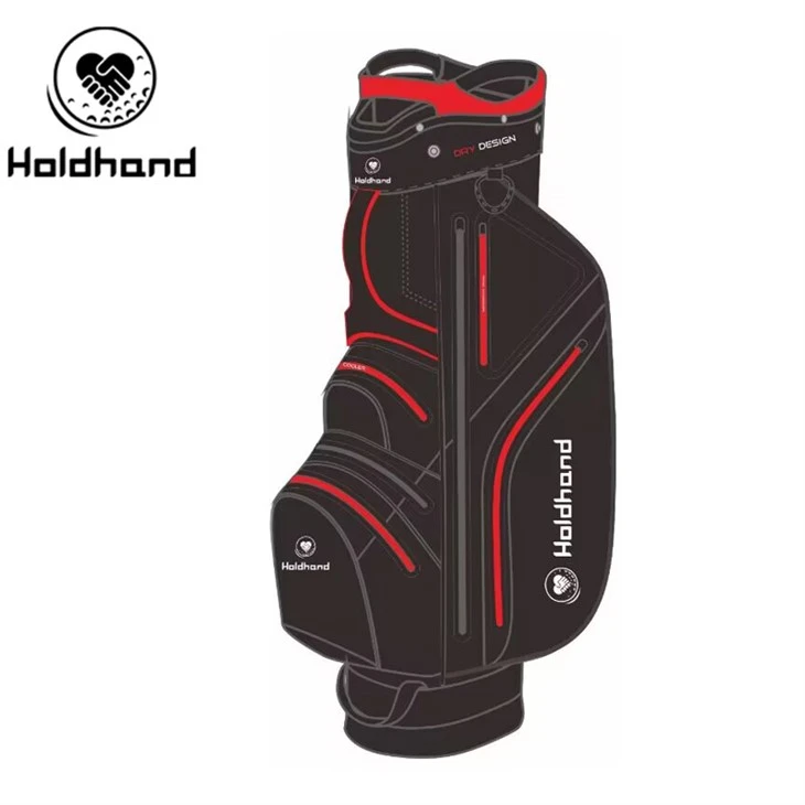Golfentusiastholder med 15-lags køllesortering, specialiseret puttercaddy, multi-opbevaringspods, isoleret drikkevarepose, transformerbart bæresystem og øjeblikkeligt stormskjold – til alle., konvertibelt bæresystem og hurtigt udrullende vejrskjold.